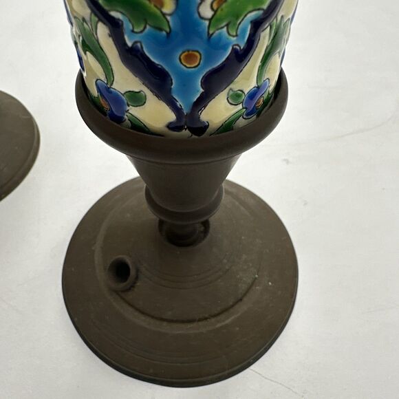 Set 2 Antique French Brass & Bronze Candlestick w/Longwy Pottery Column. 9” Tall - Picture 8 of 10